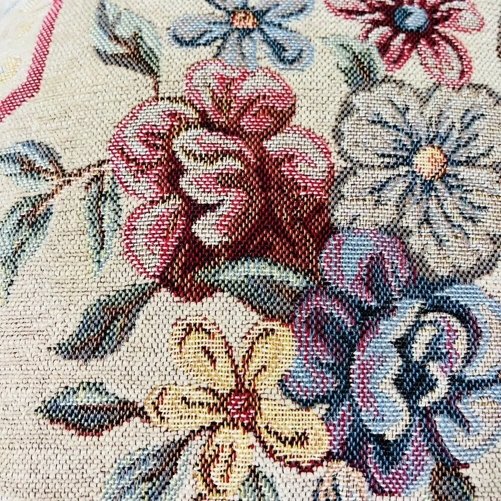 Vintage French Tapestry Floral Cushion CottageCore Needlepoint Made in France15”